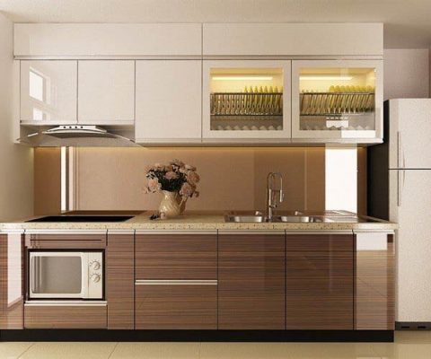 Mẫu thiết kế bếp chung cư đẹp với chất liệu Acylic.