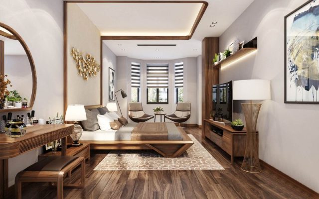 Thiết kế chung cư 2 phòng ngủ với chất liệu gỗ công nghiệp.