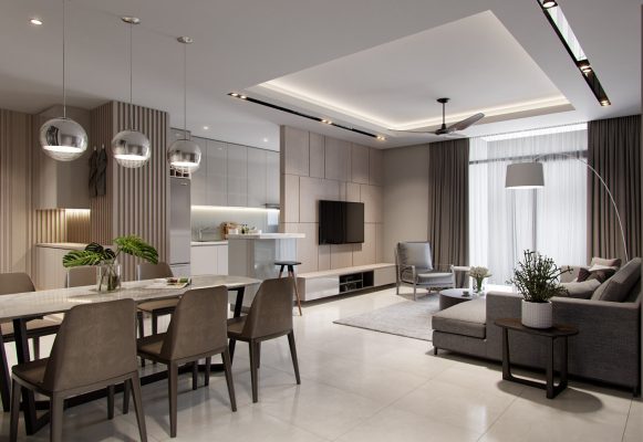 Thiết kế không gian bếp rộng rãi cho chung cư 3 phòng ngủ.
